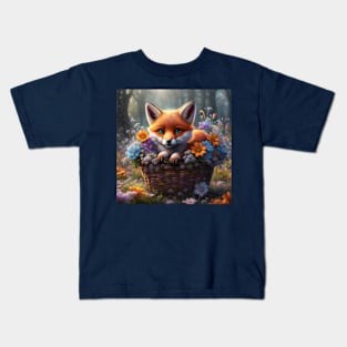 Baby Fox in a Basket of Flowers Kids T-Shirt